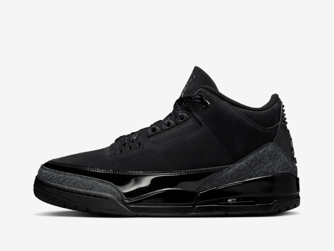 Engulfed in all-black, this panther-inspired Air Jordan 3 rendition sports a nubuck construction, shored up by patent leather sidewalls. Signature elephant print overlays reinforce the toe and rear, an iconic detail that never goes unnoticed. These graphic prints also swathe the laces for added flair. Jumpman logos decorate the tongue and TPU heel panel. A visible Air unit in the rear renders low-to-the-ground cushioning, accompanied by a hidden bubble in the forefoot.