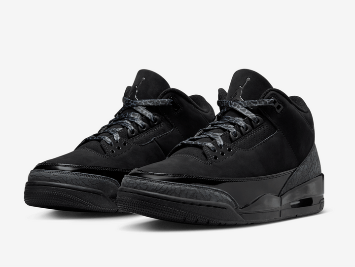 Engulfed in all-black, this panther-inspired Air Jordan 3 rendition sports a nubuck construction, shored up by patent leather sidewalls. Signature elephant print overlays reinforce the toe and rear, an iconic detail that never goes unnoticed. These graphic prints also swathe the laces for added flair. Jumpman logos decorate the tongue and TPU heel panel. A visible Air unit in the rear renders low-to-the-ground cushioning, accompanied by a hidden bubble in the forefoot.