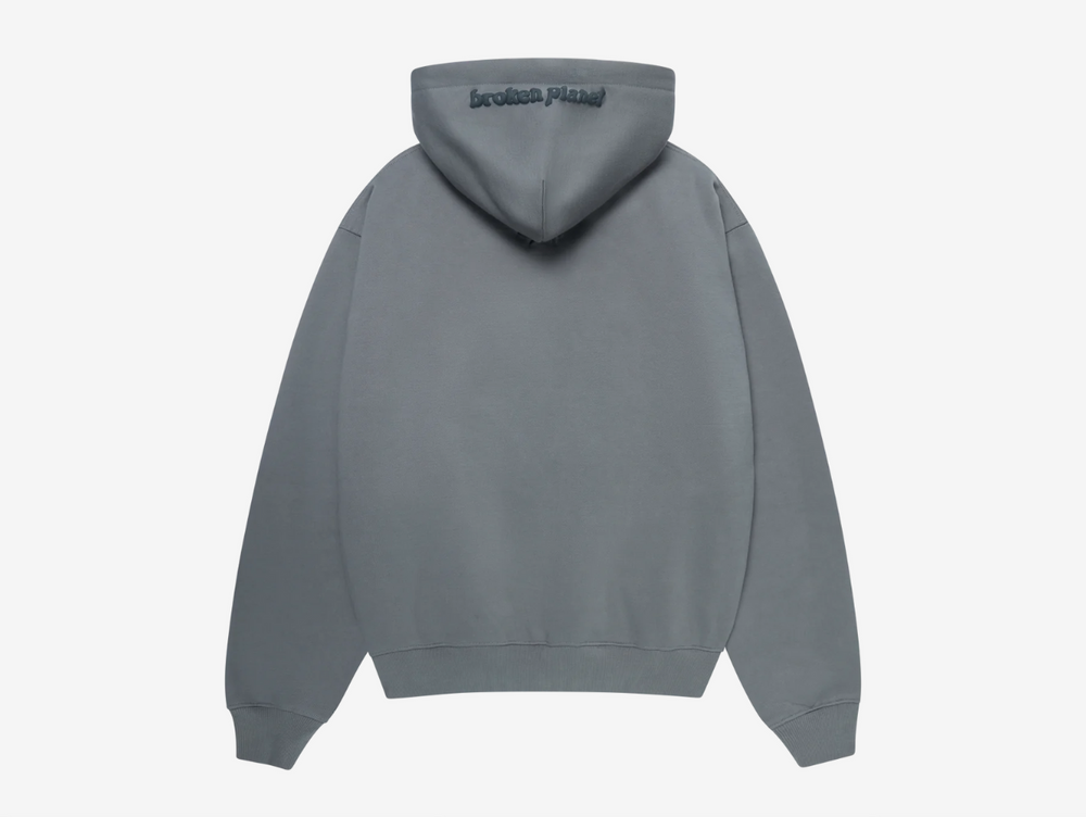 Exclusive Broken Planet Hoodie in a dark grey colourway. Features puff print graphics.