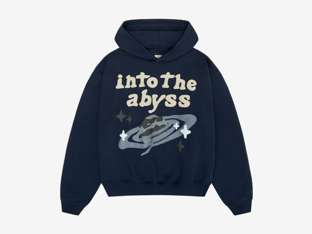 Exclusive Broken Planet Hoodie in a deep navy blue and cream colour scheme.