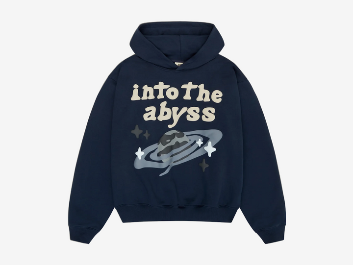 Exclusive Broken Planet Hoodie in a deep navy blue and cream colour scheme.