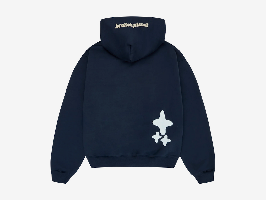Exclusive Broken Planet Hoodie in a deep navy blue and cream colour scheme.