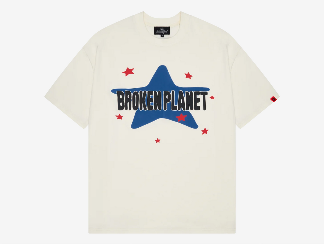 Exclusive Broken Planet 280gsm T-Shirt in white, featuring a boxy fit puff print detailing and sun badge on the sleeve.