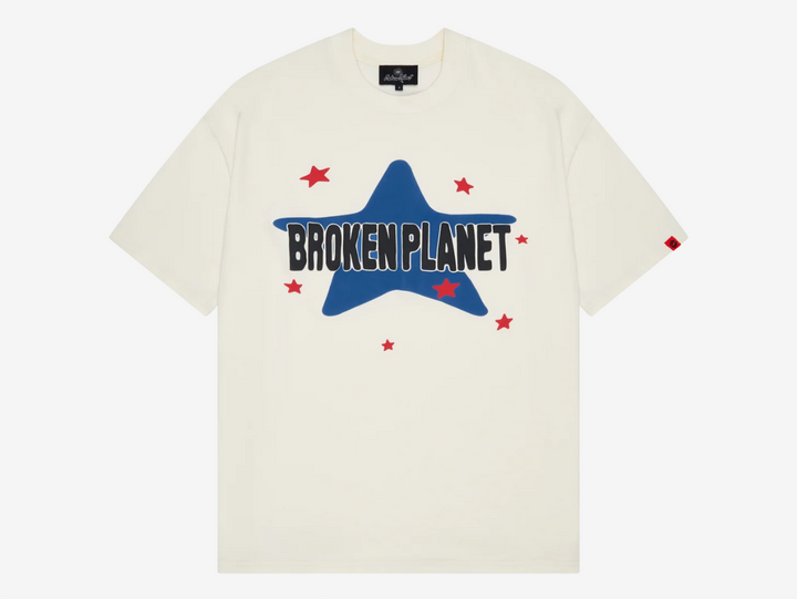 Exclusive Broken Planet 280gsm T-Shirt in white, featuring a boxy fit puff print detailing and sun badge on the sleeve.