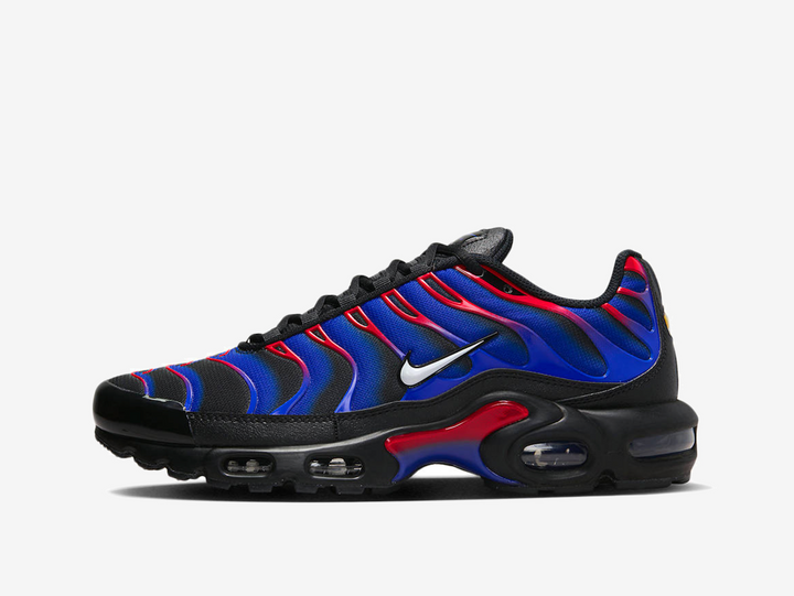 Exclusive Nike Air Max Plus TN trainers in a black, red and blue colourway.