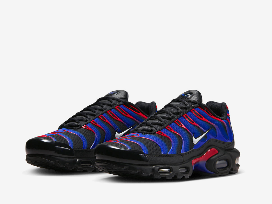 Exclusive Nike Air Max Plus TN trainers in a black, red and blue colourway.