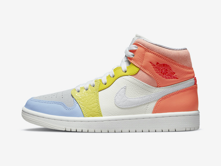 Exclusive Jordan 1 Mid shoes with a unique colour scheme.