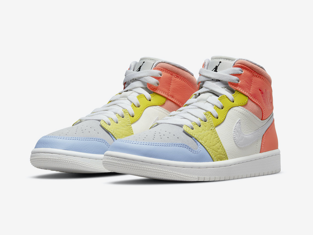 Exclusive Jordan 1 Mid shoes with a unique colour scheme.