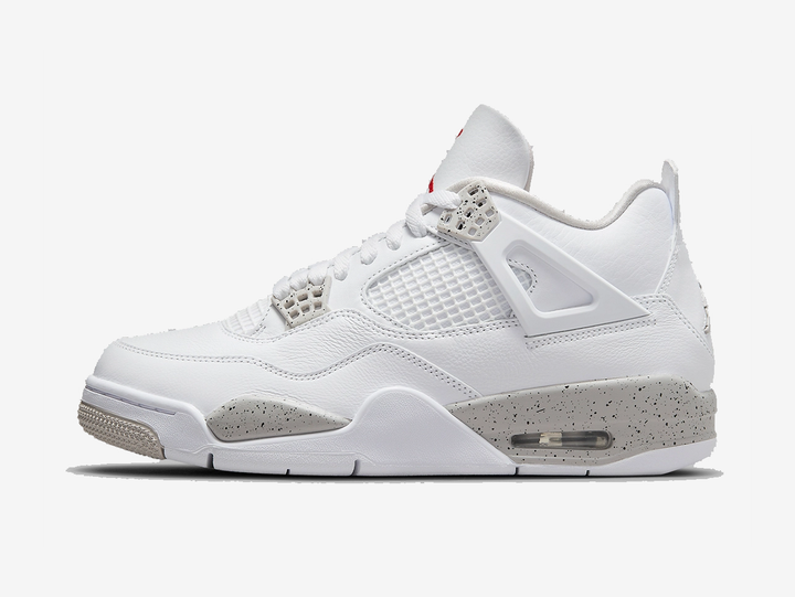 Timeless Jordan 4 sneakers in a classic white and grey colour scheme.
