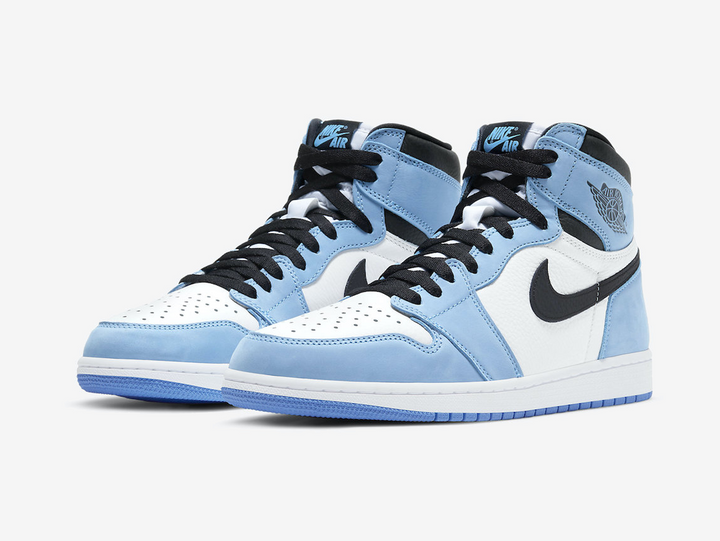 Timeless Air Jordan 1 High sneakers in a classic blue, white and black colour scheme.