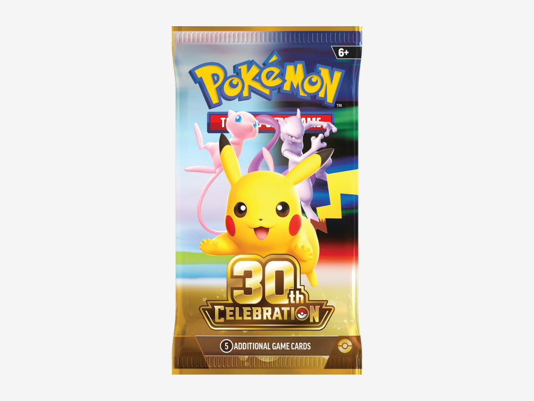 The Pokémon TCG: 30th Celebration Booster Pack celebrates three decades of Pokémon with a special selection of anniversary cards. Each pack contains five foil cards, including one of 30 unique Pikachu illustrations, alongside a foil Basic Energy card, making every pack a collectible addition to the 30th Celebration set.