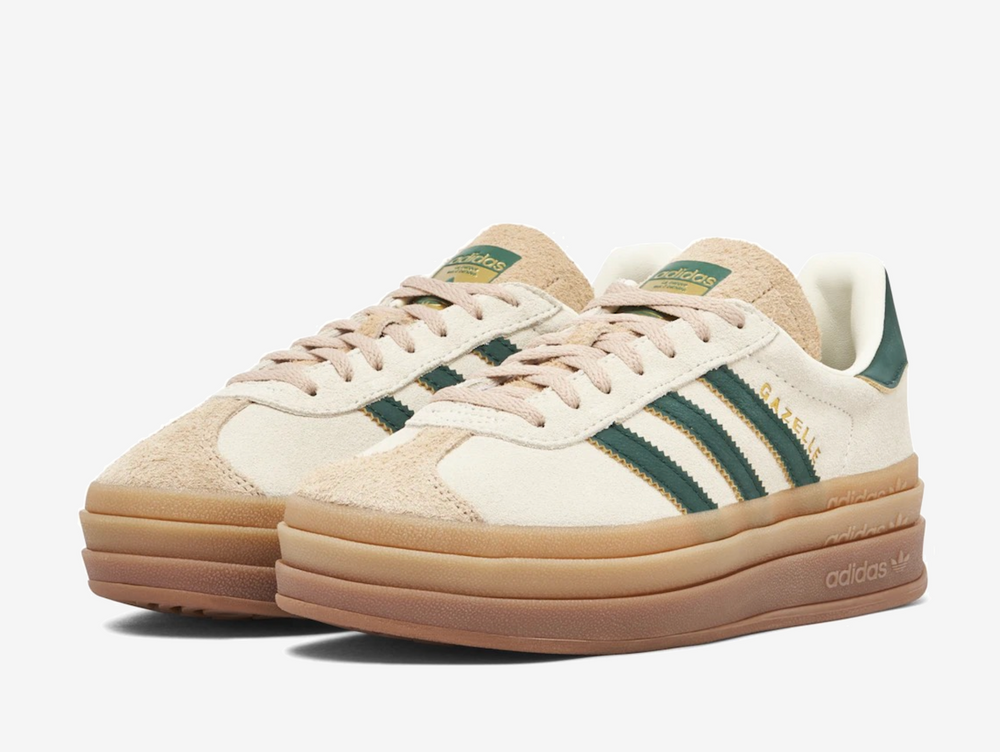 Exclusive Adidas Gazelle sneakers in a beige, green and gum colour scheme.