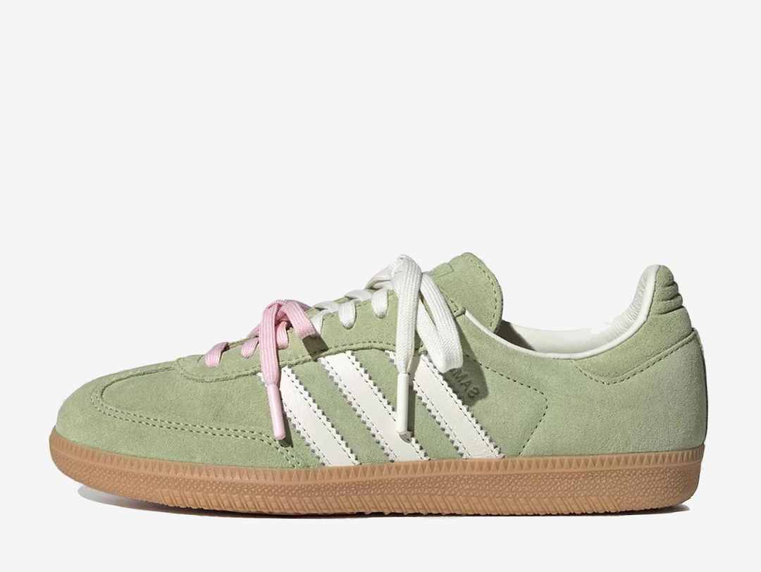The Adidas Samba Molly-Mae Matcha updates the iconic Samba silhouette with a softer, lifestyle-focused approach. Featuring a leather upper, suede overlays, and a classic gum sole, the design stays true to its heritage while feeling more refined. Finished in muted matcha green tones with tonal detailing and subtle branding, the shoe offers a clean, elevated look that’s easy to style for everyday wear.