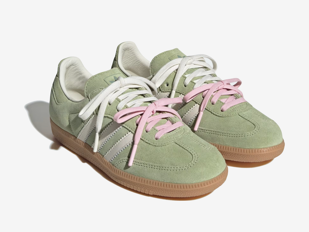 The Adidas Samba Molly-Mae Matcha updates the iconic Samba silhouette with a softer, lifestyle-focused approach. Featuring a leather upper, suede overlays, and a classic gum sole, the design stays true to its heritage while feeling more refined. Finished in muted matcha green tones with tonal detailing and subtle branding, the shoe offers a clean, elevated look that’s easy to style for everyday wear.