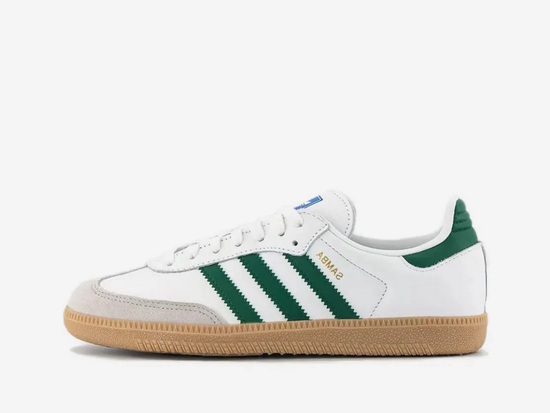 Exclusive Adidas Samba sneakers in a white, green and gum colourway.