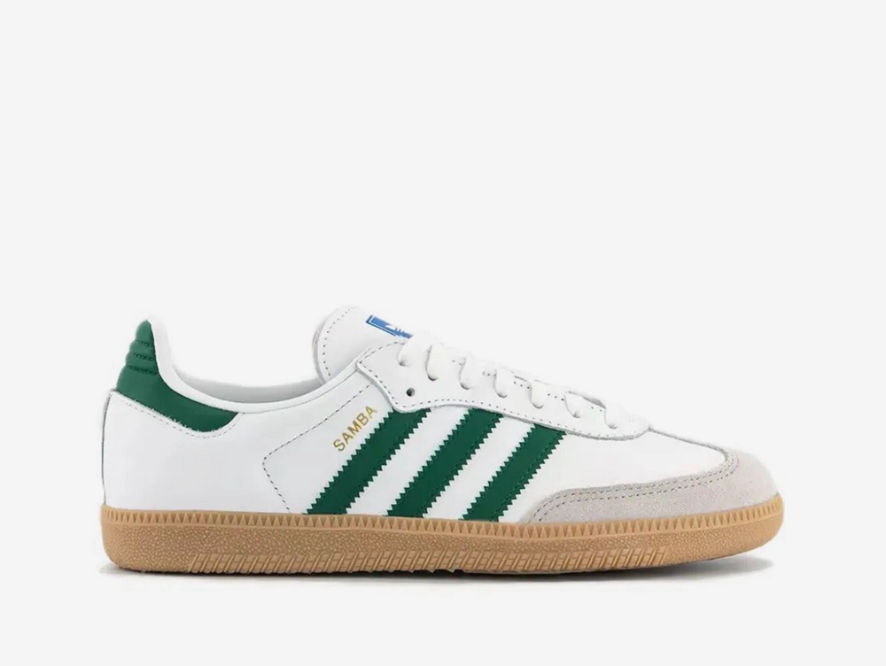 Exclusive Adidas Samba sneakers in a white, green and gum colourway.