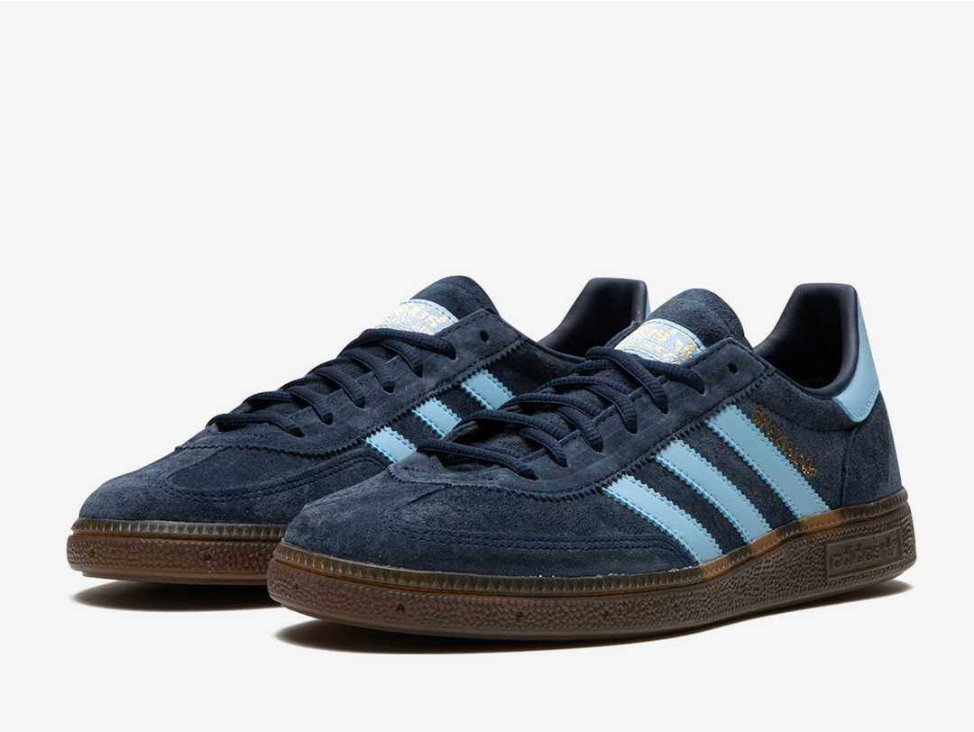 Exclusive Adidas Spezial sneakers in a navy, baby blue and gum colourway.