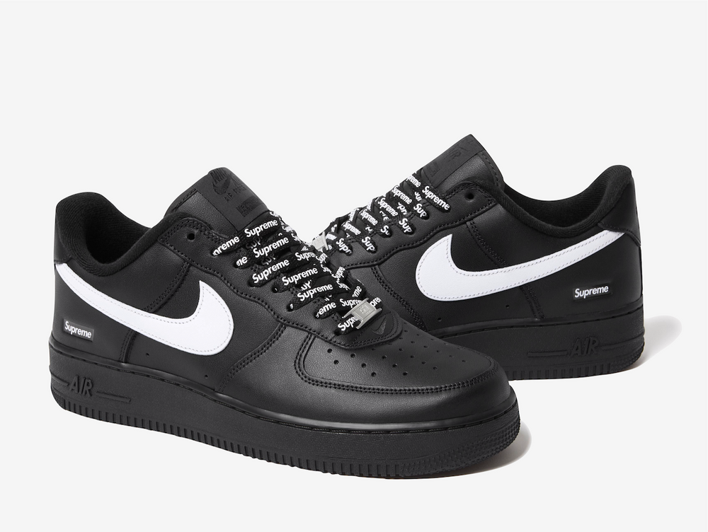 The Nike Air Force 1 Low x Supreme Black/White (FW25) fuses street-wear pedigree with timeless basketball heritage — its rich black full-grain leather upper is sharply contrasted by a crisp white Swoosh and co-branded Supreme details on the tongue, lace lock, and footbed. Built on the classic Air Force 1 Low silhouette with premium materials, perforated toe panel and plush lining, this drop delivers that elevated simplicity that wearable hype should.