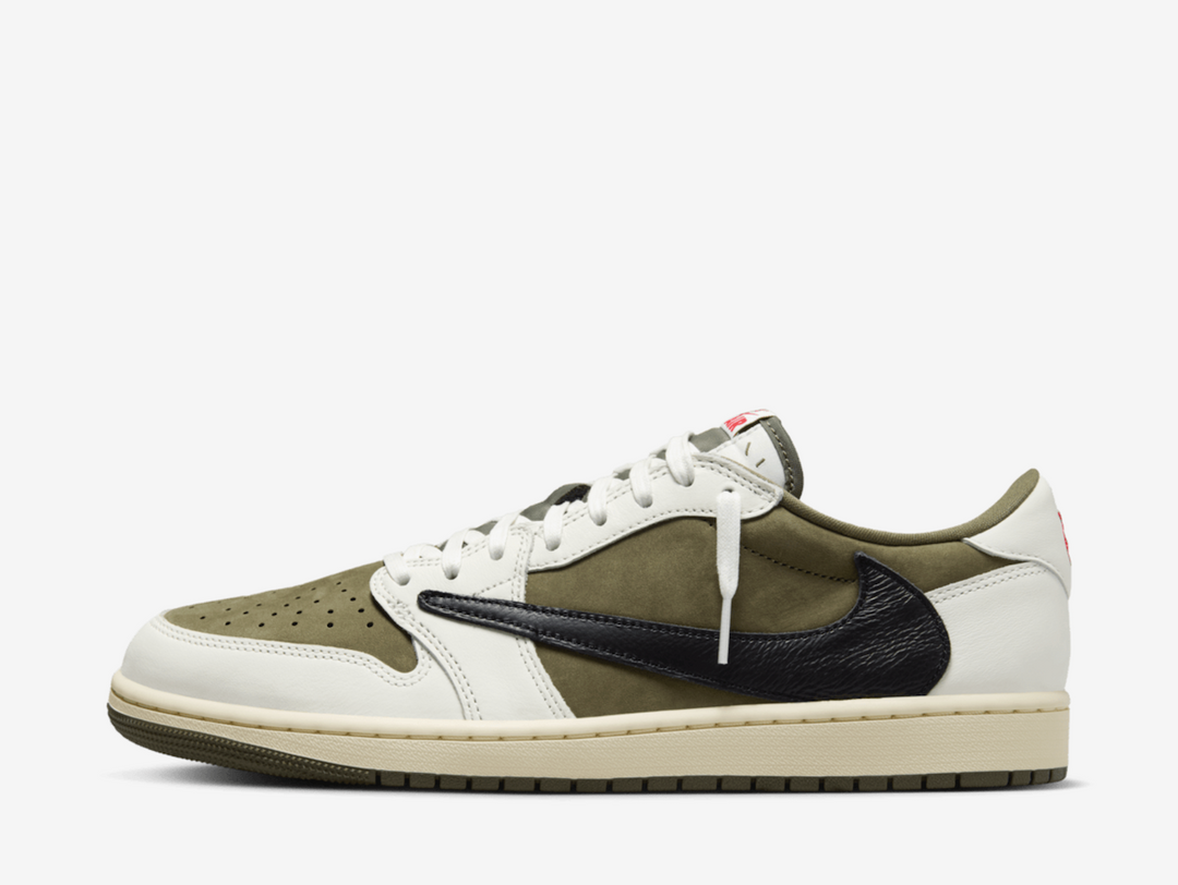 Exclusive Air Jordan 1 Travis Scott sneakers in a medium olive and sail colourway.