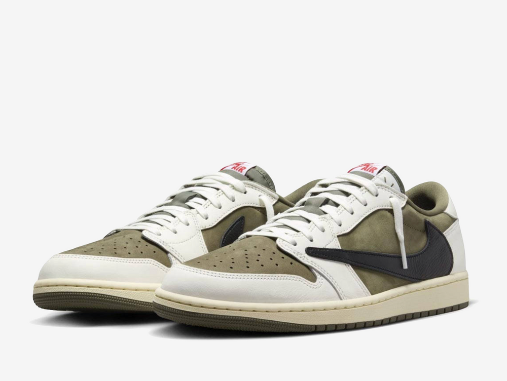 Exclusive Air Jordan 1 Travis Scott sneakers in a medium olive and sail colourway.