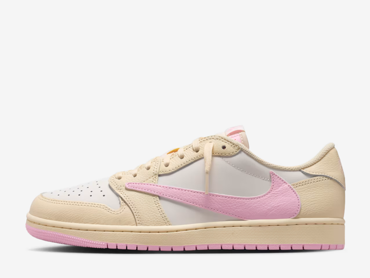 This quintessential sneaker features a soft pink underlay with a vibrant red reverse Swoosh on the lateral sidewall for a pop of colour. A clean off-white tone envelops the smooth leather overlays, establishing a fresh colour blocking similar to the grail-worthy “Reverse Mocha” edition from 2022. The classic Nike Air label adorns the nylon tongue, complementing the “Cactus Jack” label on the medial quarter and co-branded graphics on the insole.