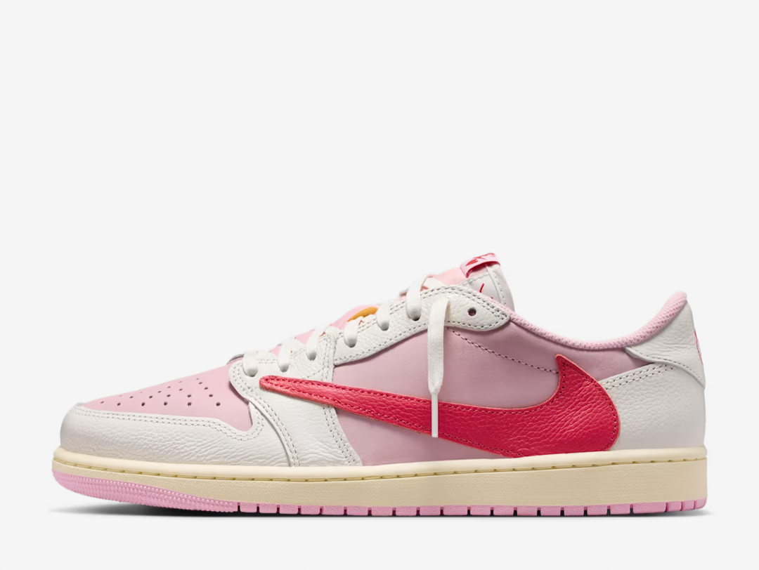 Flipping the script once again, Travis Scott returns to leave another lasting mark on the AJ1 Low. This latest refresh features a premium leather off-white upper with nubuck vamp and quarter underlays decked out in a mix of soft and bold pinks. Co-branded details and a reverse Swoosh logo finish off the signature look.