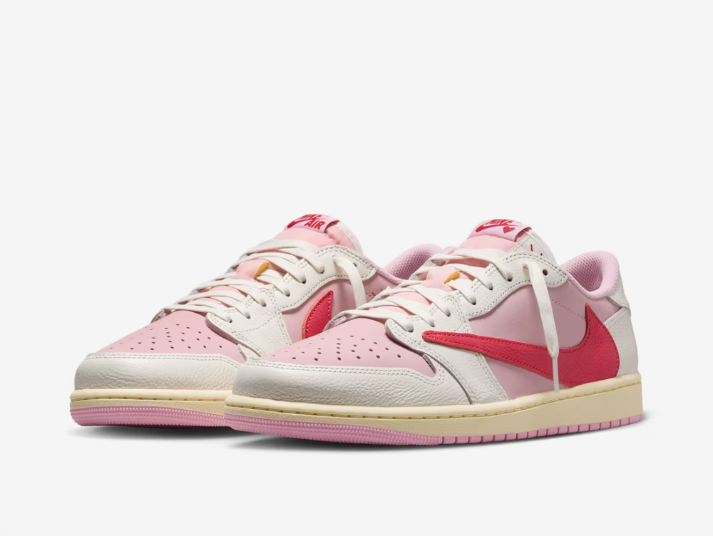 Flipping the script once again, Travis Scott returns to leave another lasting mark on the AJ1 Low. This latest refresh features a premium leather off-white upper with nubuck vamp and quarter underlays decked out in a mix of soft and bold pinks. Co-branded details and a reverse Swoosh logo finish off the signature look.