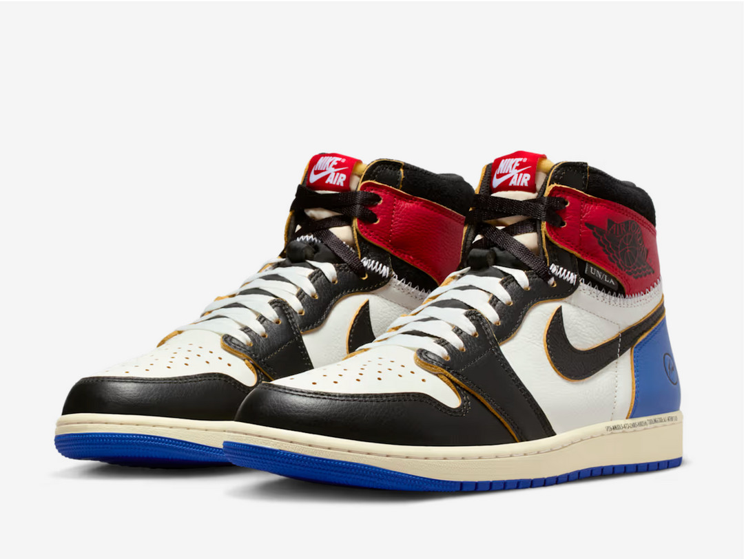 Built on the iconic Air Jordan 1 "Black Toe" foundation, this pair dials up the heritage with Fragment’s unmistakable Blue heel and outsole hits, and a fiery Varsity Red collar lifted straight from Union’s 2018 remix playbook. But it's the details that seal it, gold-edged leather paneling, deconstructed exposed stitching, and custom tooling codes along the midsole nod to the collaborators’ signature styles. The Fragment double lightning bolt logo stamped into the heel adds that final mark of authenticity.