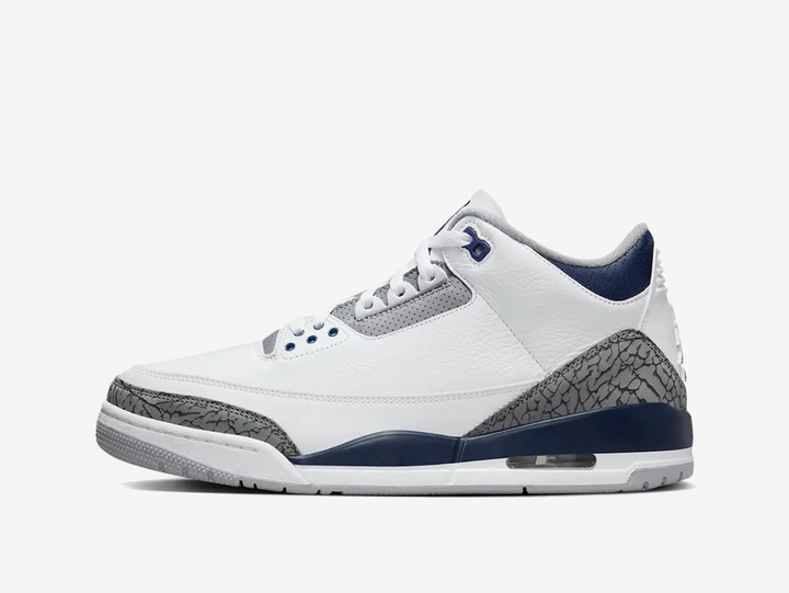 Exclusive Jordan 3 sneakers in a white, grey and navy colour scheme.