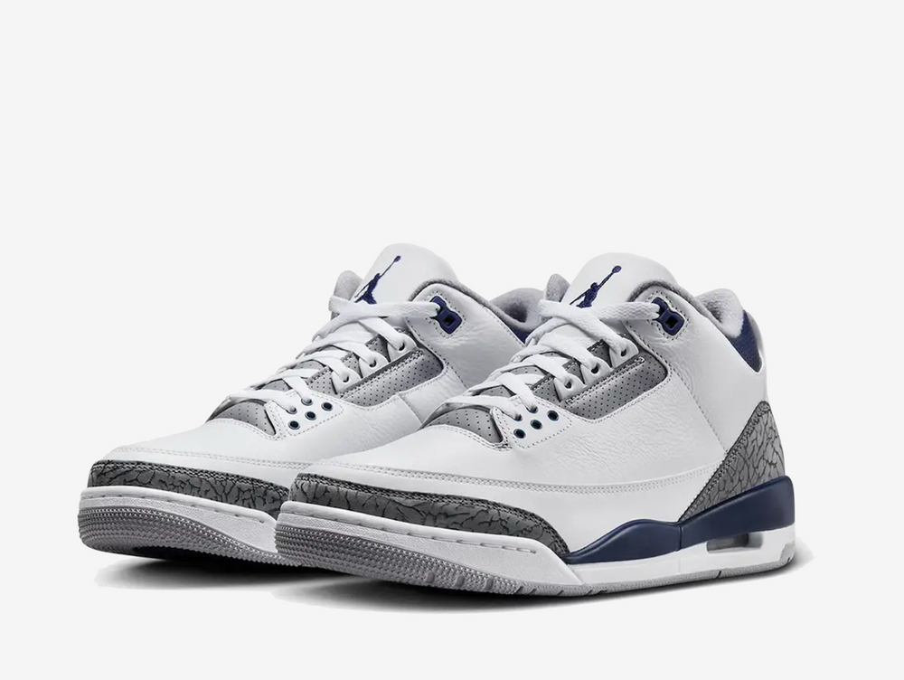 Exclusive Jordan 3 sneakers in a white, grey and navy colour scheme.