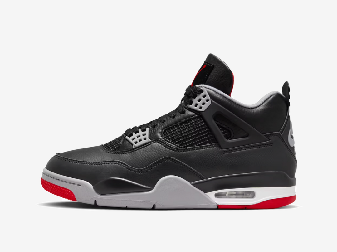 Exclusive Air Jordan 4 sneakers with a black leather upper, featuring grey white and red details.