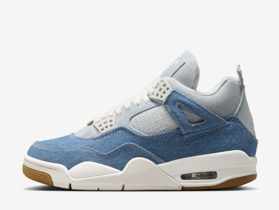 This AJ4 features a blue denim upper with a fading effect for contrast, echoing the 2018 Levi’s collaboration. Grid-like stitching on the quarter and forefoot mimics the classic plastic netting, while TPU lace cages and support wings ensure a secure fit. Embroidered Jumpman logos on the tongue, heel, and insole highlight MJ’s legacy, complemented by a metallic gold “Family” lace dubrae. A polyurethane midsole with a visible Air unit delivers cushioning, finished with a durable herringbone rubber outsole.