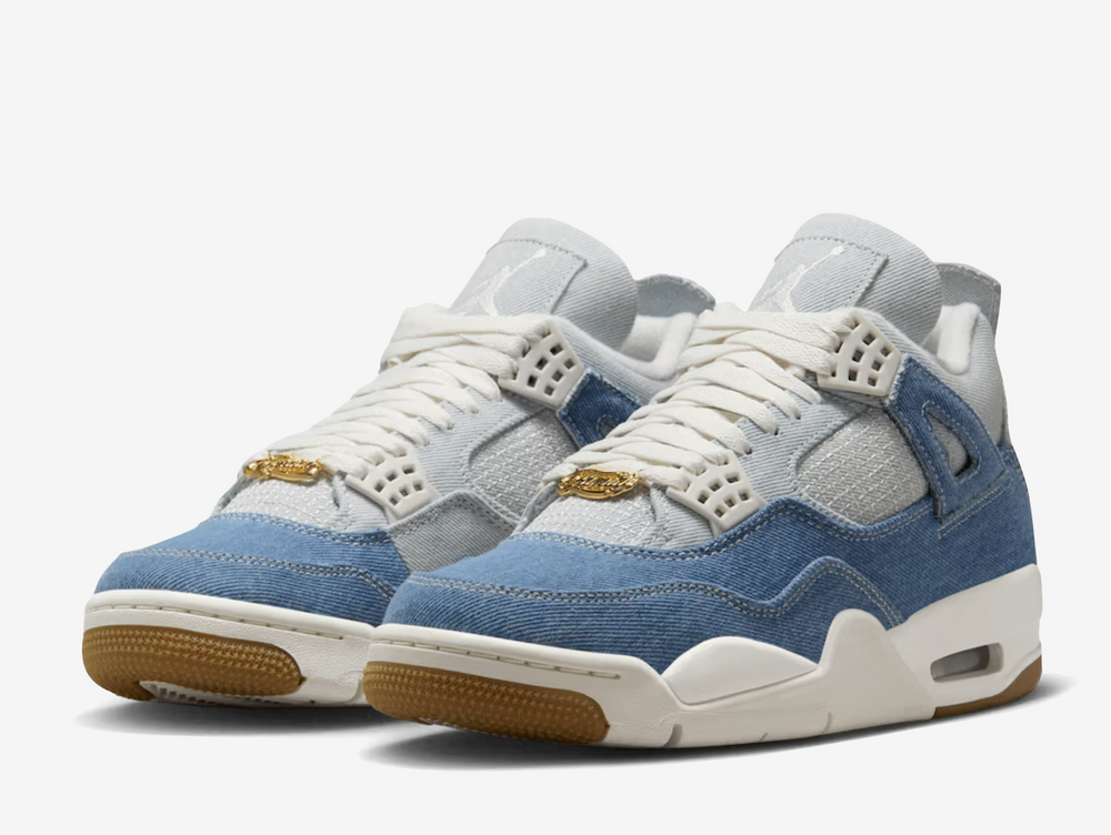 This AJ4 features a blue denim upper with a fading effect for contrast, echoing the 2018 Levi’s collaboration. Grid-like stitching on the quarter and forefoot mimics the classic plastic netting, while TPU lace cages and support wings ensure a secure fit. Embroidered Jumpman logos on the tongue, heel, and insole highlight MJ’s legacy, complemented by a metallic gold “Family” lace dubrae. A polyurethane midsole with a visible Air unit delivers cushioning, finished with a durable herringbone rubber outsole.