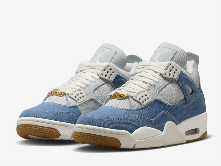 This AJ4 features a blue denim upper with a fading effect for contrast, echoing the 2018 Levi’s collaboration. Grid-like stitching on the quarter and forefoot mimics the classic plastic netting, while TPU lace cages and support wings ensure a secure fit. Embroidered Jumpman logos on the tongue, heel, and insole highlight MJ’s legacy, complemented by a metallic gold “Family” lace dubrae. A polyurethane midsole with a visible Air unit delivers cushioning, finished with a durable herringbone rubber outsole.
