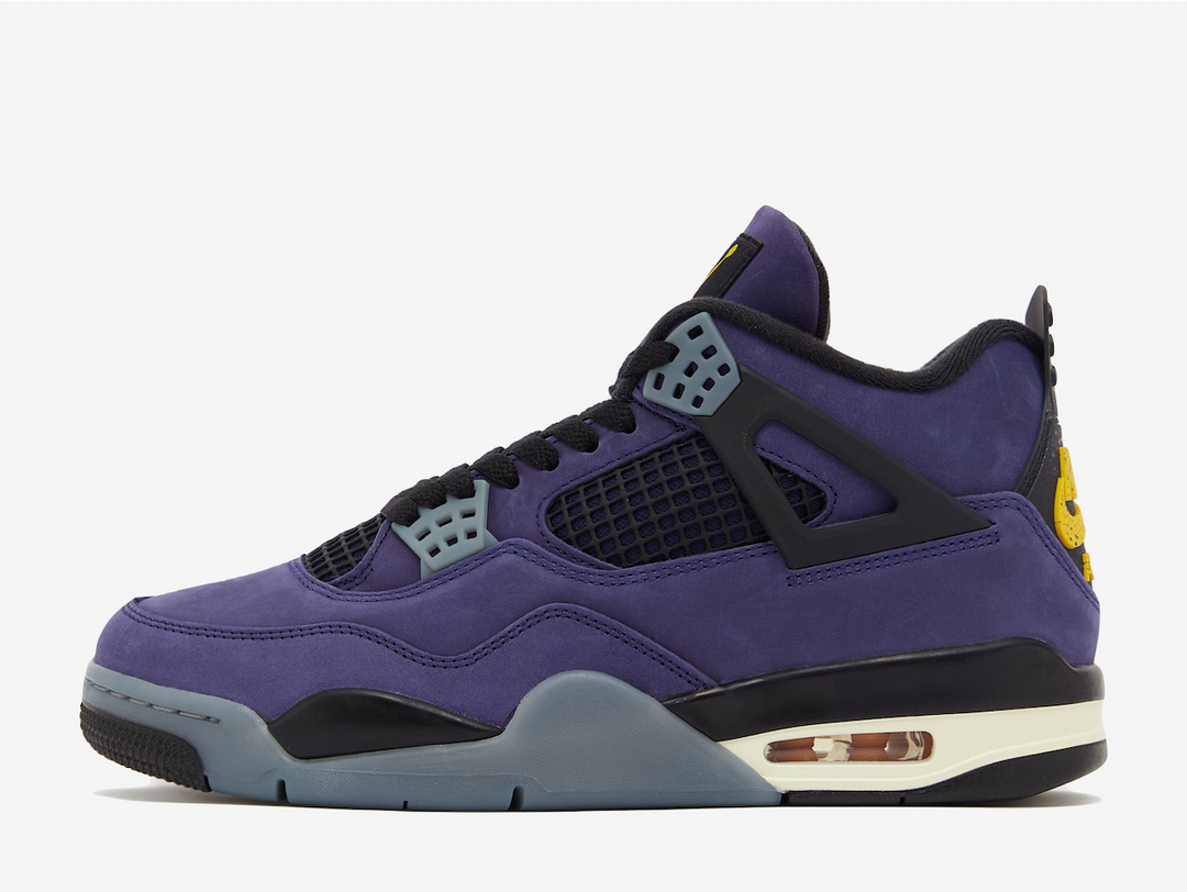 This rendition flaunts a bright purple hue throughout the upper, accentuated with a vibrant gold hue as a nod to the renowned NBA franchise. The TPU support wings and standard lacing system deliver a snug fit, while the plastic netting on the forefoot and quarter provides breathability. The Jumpman Flight branding decorates the oversized tongue and sockliner, complementing the Nike Air label on the rear. A visible Max Air unit nestles within the polyurethane midsole for cushioning and shock absorption.