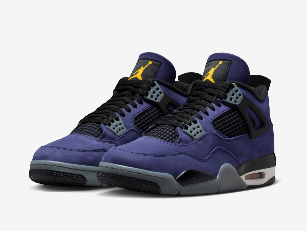 This rendition flaunts a bright purple hue throughout the upper, accentuated with a vibrant gold hue as a nod to the renowned NBA franchise. The TPU support wings and standard lacing system deliver a snug fit, while the plastic netting on the forefoot and quarter provides breathability. The Jumpman Flight branding decorates the oversized tongue and sockliner, complementing the Nike Air label on the rear. A visible Max Air unit nestles within the polyurethane midsole for cushioning and shock absorption.