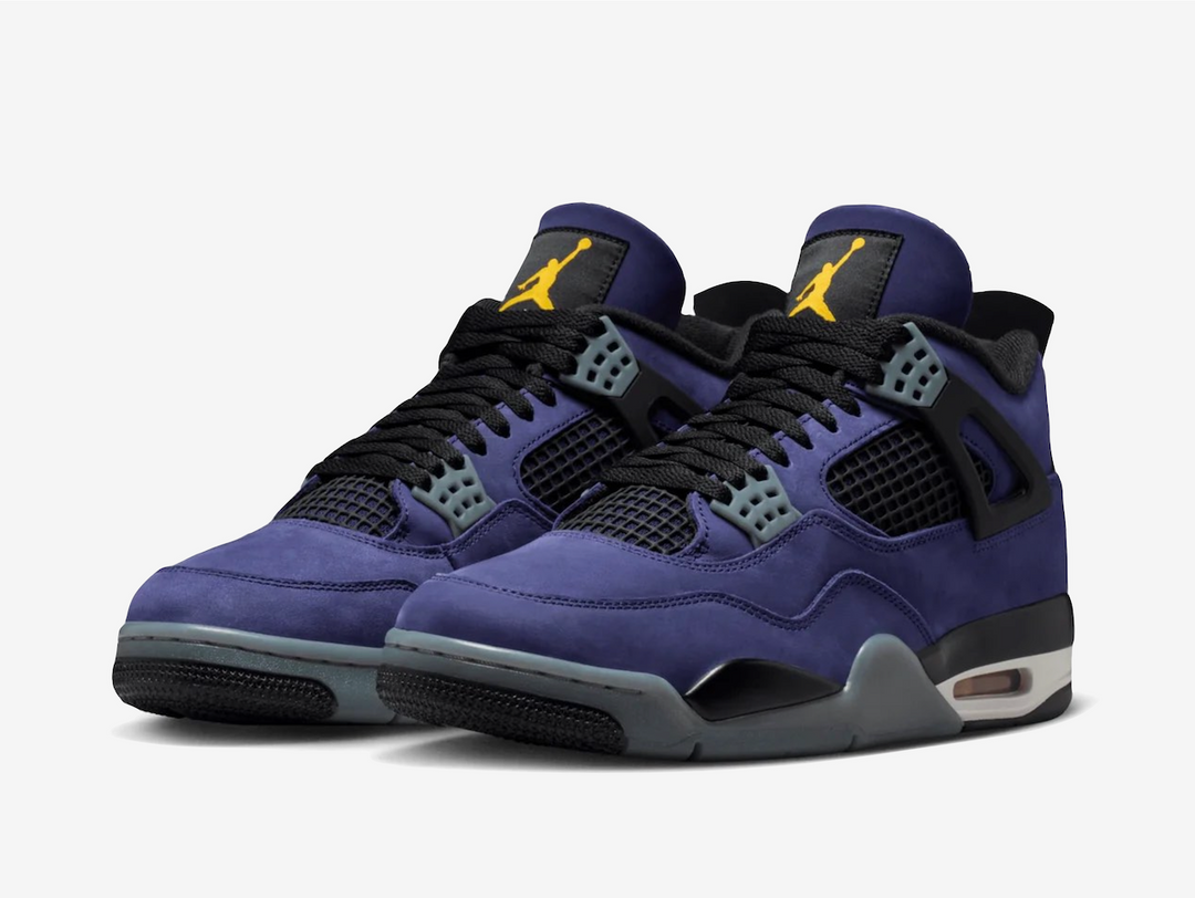 This rendition flaunts a bright purple hue throughout the upper, accentuated with a vibrant gold hue as a nod to the renowned NBA franchise. The TPU support wings and standard lacing system deliver a snug fit, while the plastic netting on the forefoot and quarter provides breathability. The Jumpman Flight branding decorates the oversized tongue and sockliner, complementing the Nike Air label on the rear. A visible Max Air unit nestles within the polyurethane midsole for cushioning and shock absorption.