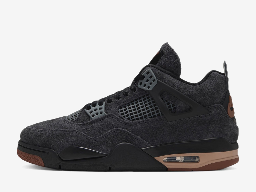 This premium AJ4 features a predominantly dark upper crafted in smooth nubuck with a hairy suede mudguard. Scuffed textures appear on the polyurethane midsole and TPU support wings, achieving a pre-aged aesthetic popularised by the brand’s “Reimagined” series. A unique “Nike LDN” label adorns the rear tab and hangtag to honour the city, while the iconic Jumpman logo appears on the oversized tongue and sockliner. 
