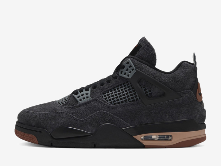 This premium AJ4 features a predominantly dark upper crafted in smooth nubuck with a hairy suede mudguard. Scuffed textures appear on the polyurethane midsole and TPU support wings, achieving a pre-aged aesthetic popularised by the brand’s “Reimagined” series. A unique “Nike LDN” label adorns the rear tab and hangtag to honour the city, while the iconic Jumpman logo appears on the oversized tongue and sockliner. 
