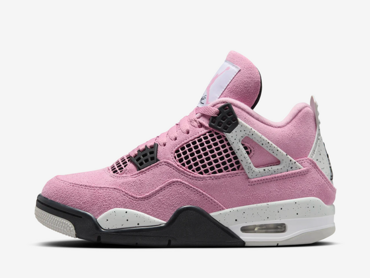 Air Jordan 4 Pink Orchid, a women's sneaker combining classic Air Jordan design with a modern, vibrant pink colorway. Features premium leather and suede uppers in shades of pink, signature mesh side panels, visible Air-Sole unit in the heel for cushioning, and durable rubber outsole. Iconic Jumpman logo on the tongue and heel. Perfect for a bold, stylish look on or off the court.