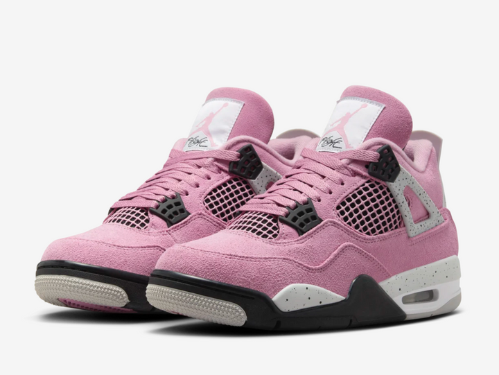 Air Jordan 4 Pink Orchid, a women's sneaker combining classic Air Jordan design with a modern, vibrant pink colorway. Features premium leather and suede uppers in shades of pink, signature mesh side panels, visible Air-Sole unit in the heel for cushioning, and durable rubber outsole. Iconic Jumpman logo on the tongue and heel. Perfect for a bold, stylish look on or off the court.