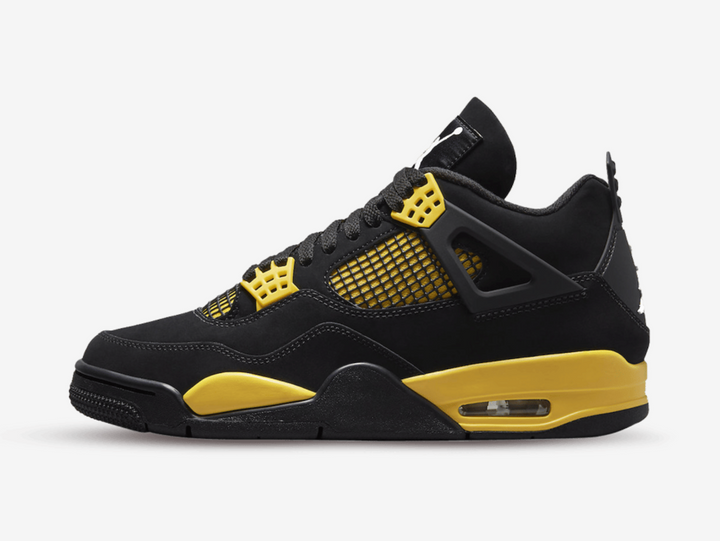 Classic Jordan 4 shoes with a yellow and black colourway.