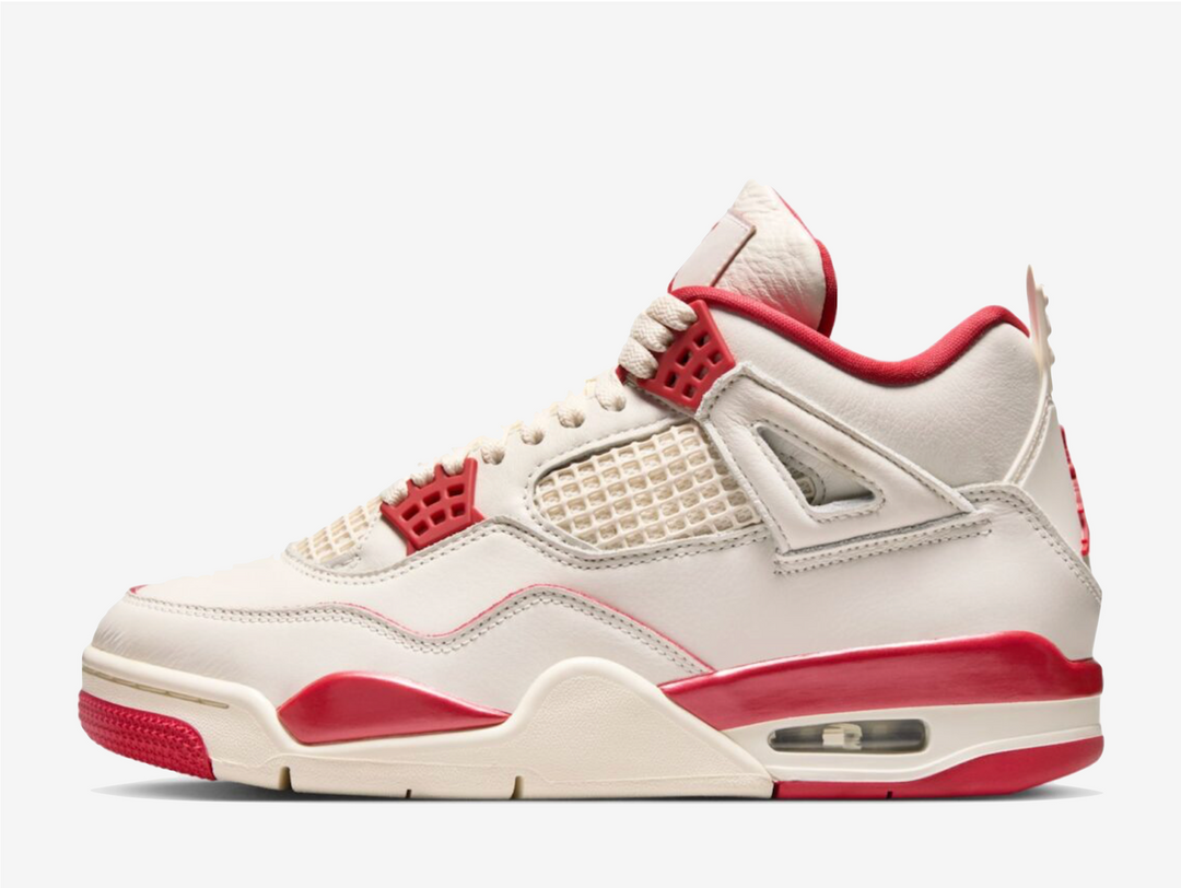 This rendition features a pale ivory hue throughout the smooth leather upper, producing a pre-aged makeover perfect for spring and summer. Vibrant red hues highlight the lace cage, mesh panels, and polyurethane midsole for a pop of colour. The Jumpman logo adorns the tongue, rear, and sockliner to symbolise MJ’s influence in sports and fashion. Flexible TPU support wings provide a supportive fit, while the plastic netting on the quarter and forefoot delivers additional structure.