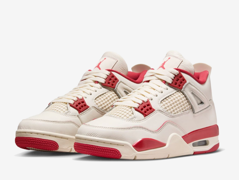 This rendition features a pale ivory hue throughout the smooth leather upper, producing a pre-aged makeover perfect for spring and summer. Vibrant red hues highlight the lace cage, mesh panels, and polyurethane midsole for a pop of colour. The Jumpman logo adorns the tongue, rear, and sockliner to symbolise MJ’s influence in sports and fashion. Flexible TPU support wings provide a supportive fit, while the plastic netting on the quarter and forefoot delivers additional structure.