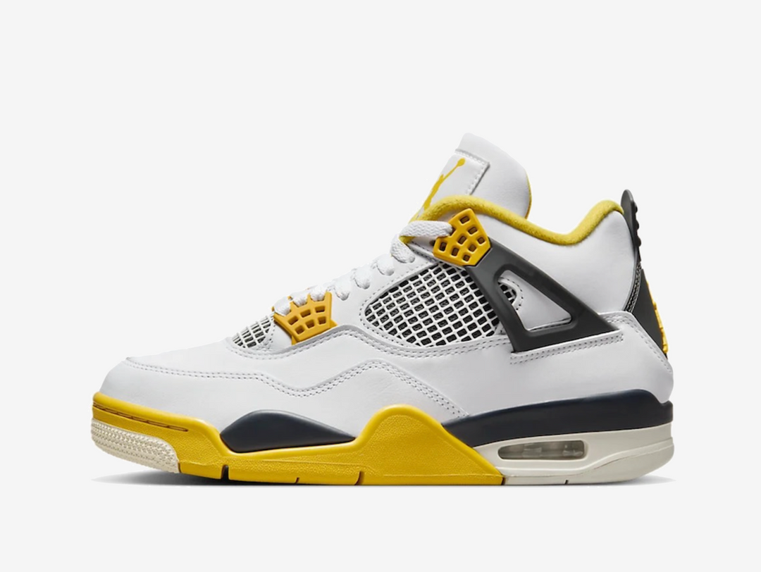 Exclusive Jordan 4 sneakers in a white, yellow and black colour scheme.