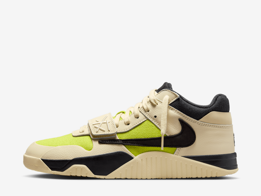 Also known as the CJ1 T-Rexx, this versatile sneaker features a volt green canvas underlay with beige leather overlays for a summer-appropriate makeover. Matte black suede constructs the trademark reverse Swoosh on the lateral quarter, complementing the embroidered Cactus Jack smiley face logo on the rear and Jumpman “crown” on the tongue and sockliner. A 3D TS label decorates the forefoot strap, whilst the wear-away “Jack” appears on the outsole.