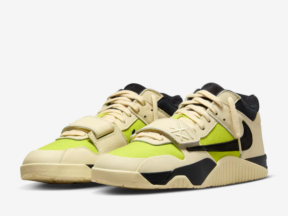 Also known as the CJ1 T-Rexx, this versatile sneaker features a volt green canvas underlay with beige leather overlays for a summer-appropriate makeover. Matte black suede constructs the trademark reverse Swoosh on the lateral quarter, complementing the embroidered Cactus Jack smiley face logo on the rear and Jumpman “crown” on the tongue and sockliner. A 3D TS label decorates the forefoot strap, whilst the wear-away “Jack” appears on the outsole.