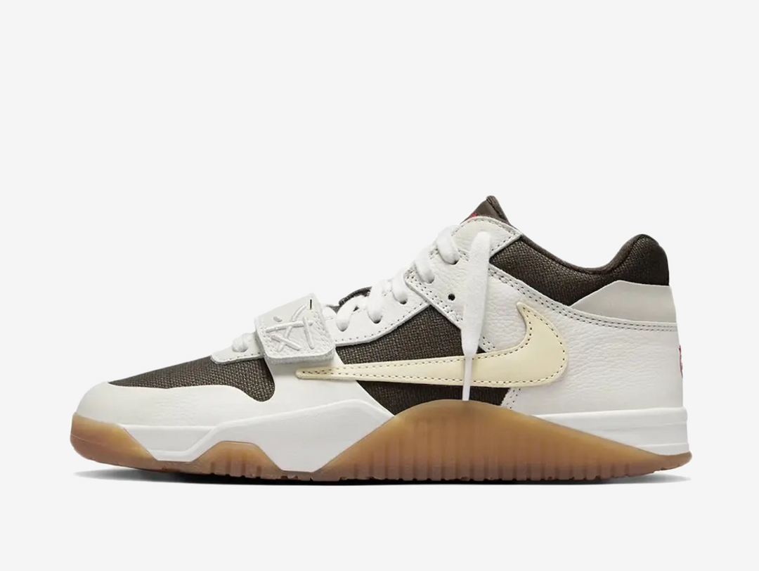 Exclusive Air Jordan Travis Scott collaboration sneakers with a brown, sail and white colour scheme.