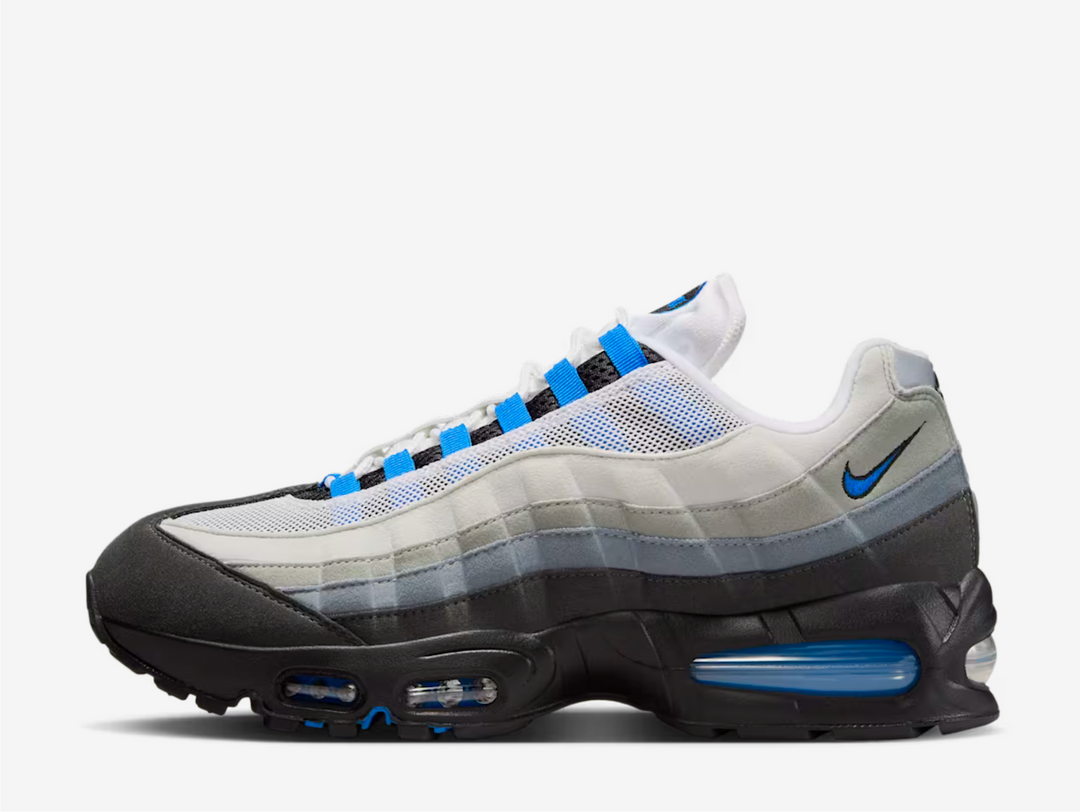 To celebrate 30 years of the iconic silhouette, the Air Max family is welcoming back the 'Big Bubble' edition of the 95. With a design that stays true to the original, this iteration stacks the upper with rippling layers of synthetic leather and airy mesh that gradually fade from black to white. Pops of Blue Spark accentuate the lace loops, branding and Air units. Elevate your style with a little more Air and enjoy the future of your Air Max journey.