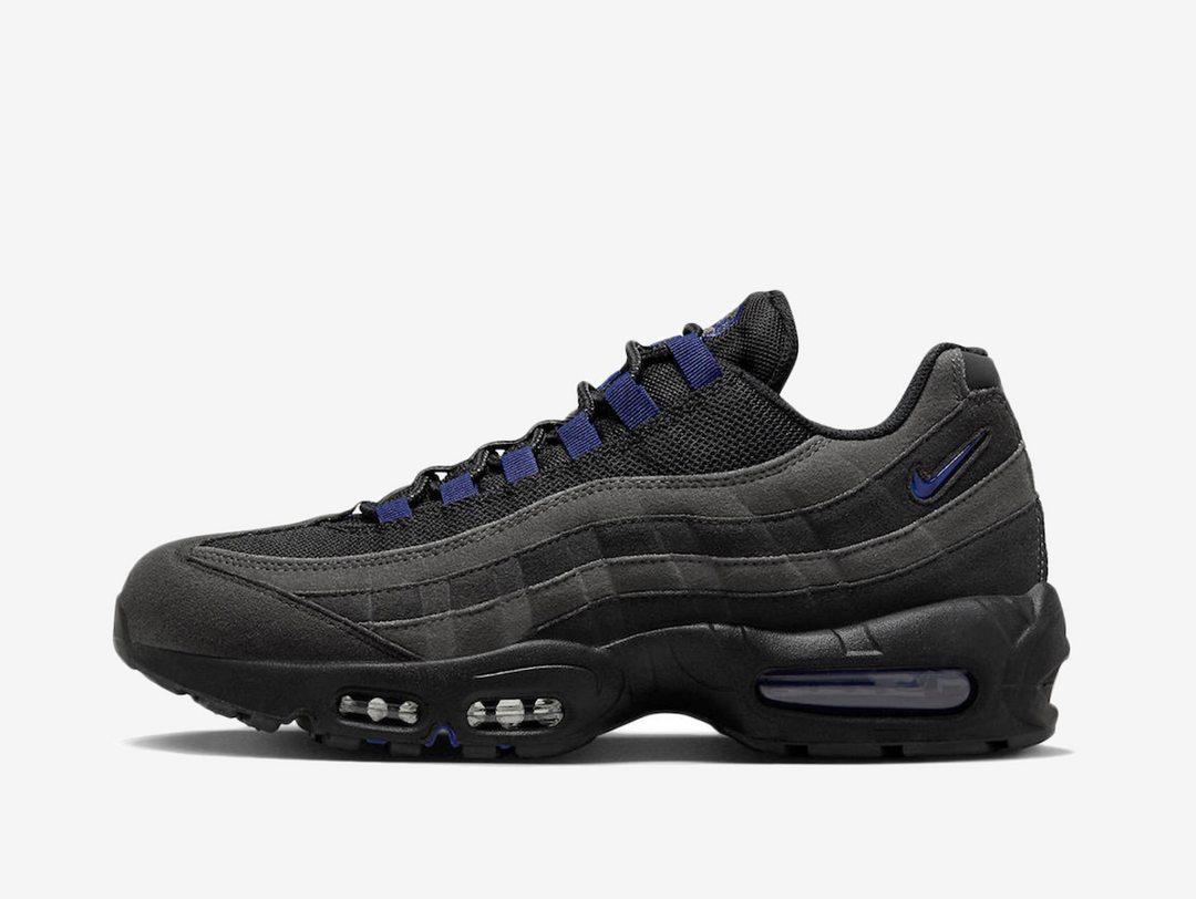 Exclusive Air Max 95 sneakers in a black, grey and blue colourway.